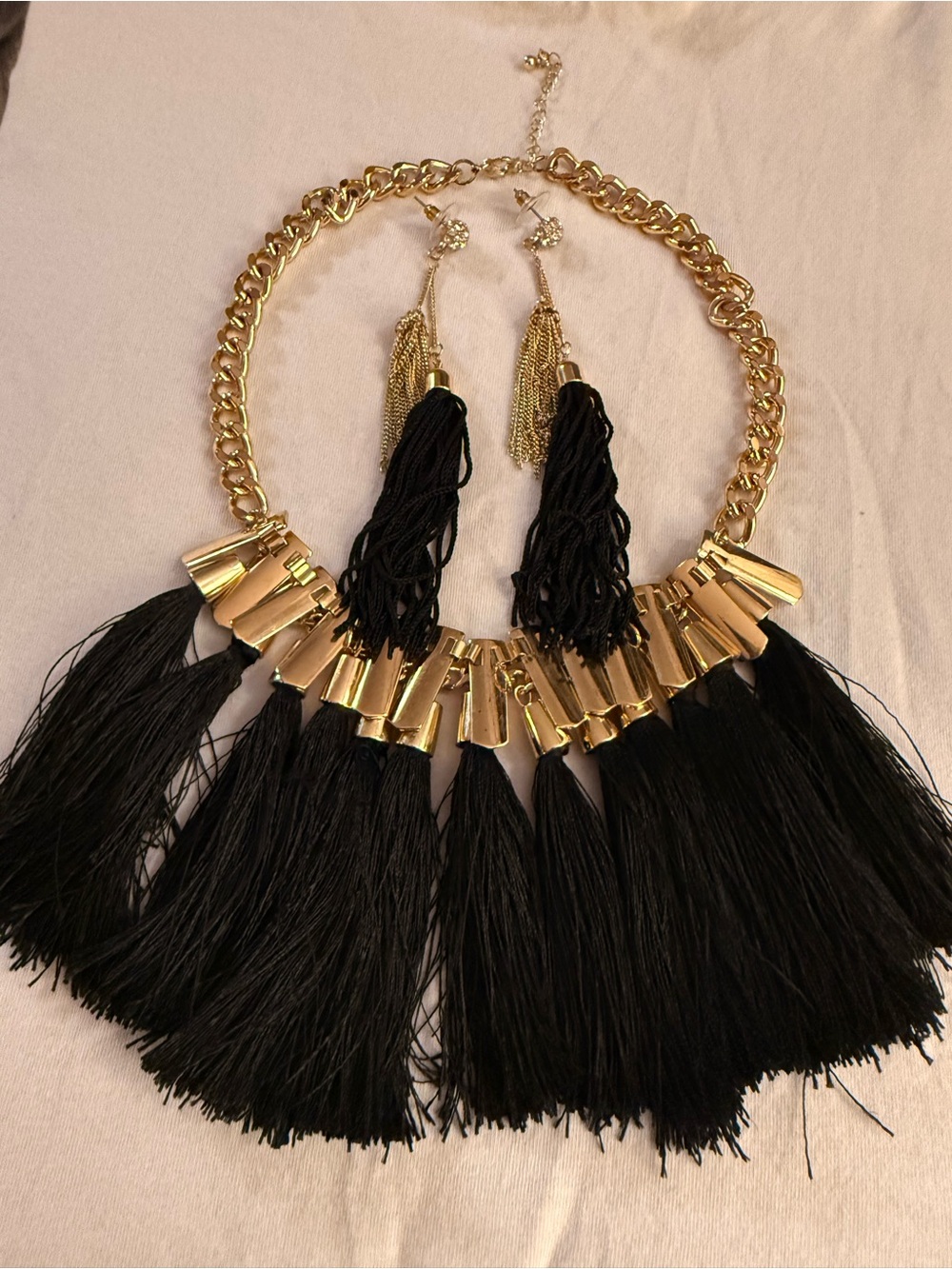 Macy's Gold-Tone Chain Necklace with Black Tassels & Matching Earrings